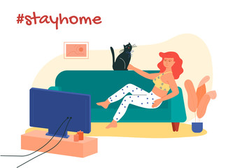 Girl lying on the sofa with her cat and watching movies. Stay at home hashtag vector illustration. Prevention of coronavirus infection during COVID-19 quarantine by self isolation.