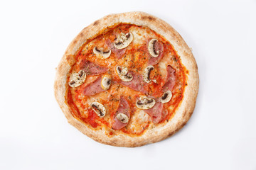 Delicious pizza with ham and mushrooms