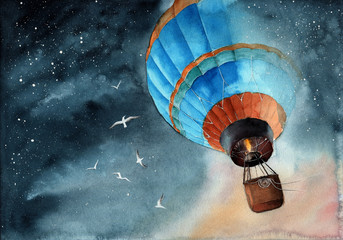 Watercolor illustration of a blue air balloon in starry night sky with white seagulls