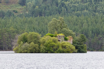 Castle ruins in the middle of Loch an Eilein near Aviemore Scotland