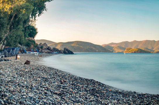 Sunrise at a beautiful beach in Horto, a seaside village in Pagasitikos gulf, Greece