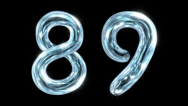 The water alphabet. Liquid digits 8 9 appear, fluctuate for 12 seconds, and disappear. With alpha channel.