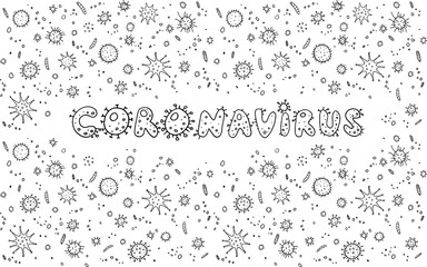 Coronavirus, Virus. Outline contour lettering doodle handwritten black and white. Background, frame with Molecules viral bacteria infection