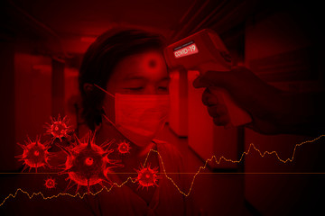 Checking body temperature to measure fever with infrared monitors. By security personnel