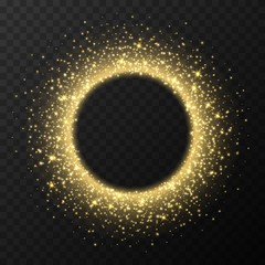 Golden circle frame with sparkles and flares, abstract luminous particles, yellow stardust light effect isolated on a dark background. Xmas glares and sparks. Luxury backdrop. Vector illustration.