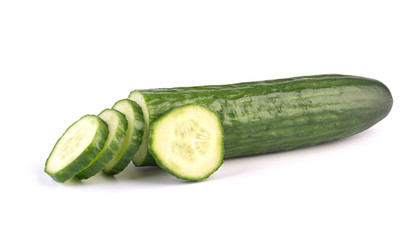 Half cucumber and sliced isolated on white background. This image has better resolution and quality, and absolute sharpness from foreground to background.