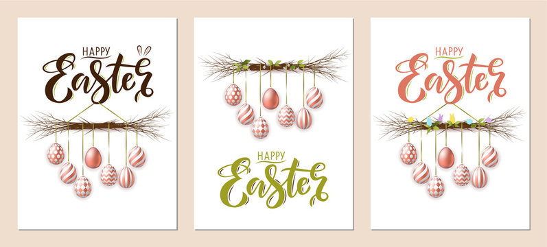 Happy Easter banner with text and decorative composition of twigs and easter eggs on white background. Template of 3d easter eggs for card, invitation, sale, web, post. set of greeting card