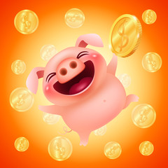 Funny cartoon pig with a big gold coin on a colorful money background. vector illustration