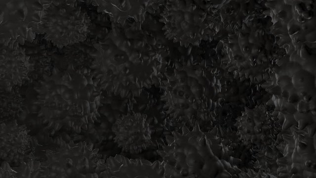 Dark CGI background with viruses. Animated word 'coronavirus' in the middle. Black spherical microorganisms rotating. Medical or scientific intro, 3D rendering.