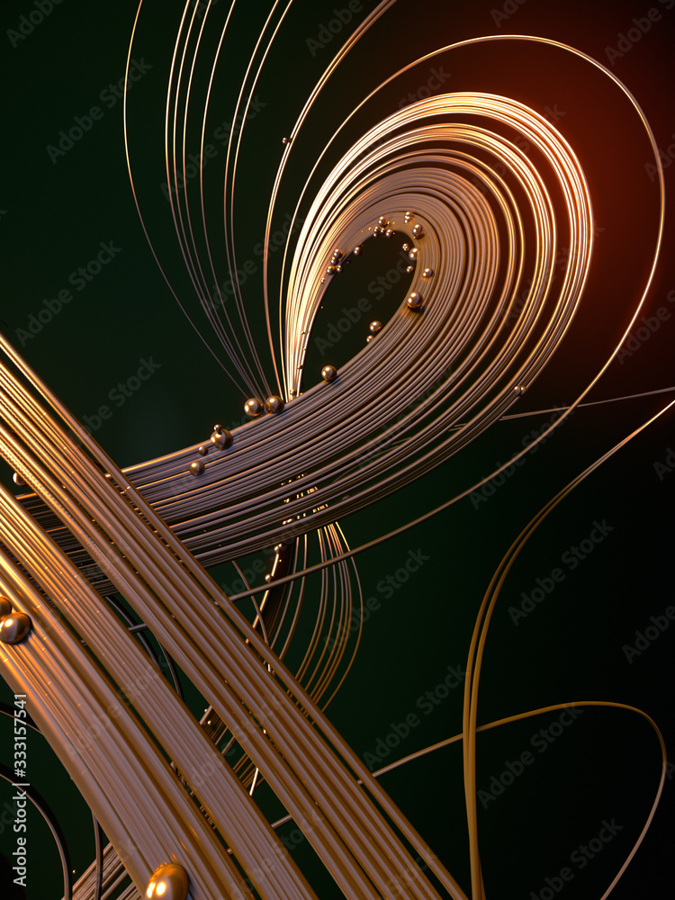 Poster abstract 3d rendering gold jewelry with shiny shapes beads on a dark background