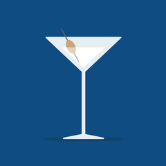 Flat martini cocktail glass with olive isolated on classic blue background. Illustration of alcohol drinks in glass. Vector template icon with copy space and design.