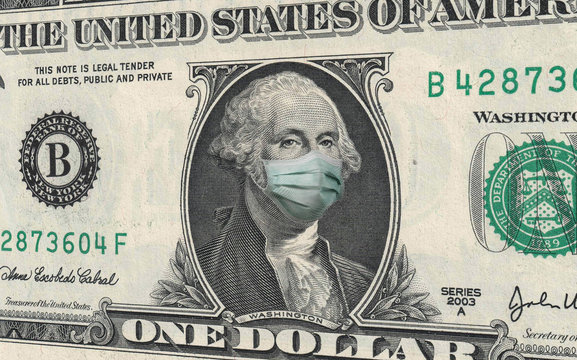 COVID-19 coronavirus in USA, ONE Dollar money bill with George Washington wearing healthcare surgical mask. Coronavirus in United States quarantine and global recession. Global economy hit by Covid19.