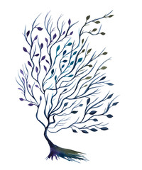 Watercolor drawing tree Indigo, purple, blue, and green colors on a white background