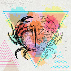 Hipster realistic and polygonal crab illustration on artistic watercolor background