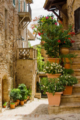 Fototapeta na wymiar Medieval street of Spello with staircase decorated with flowers, Italy