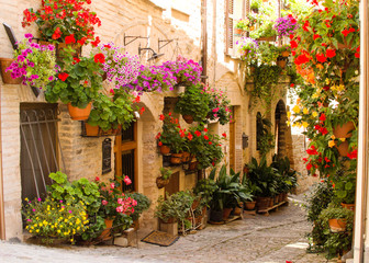 Fototapeta na wymiar Medieval street of Spello decorated with flowers