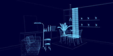 Wireframe of the interior from blue lines on a dark background. Living room with armchair, table and flowers. View perspective. 3D. Vector illustration