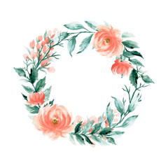 Watercolor spring summer wreath bouquet little flower with rose and leaves isolated on white backgroundArrangement for greeting cards, wedding invitations