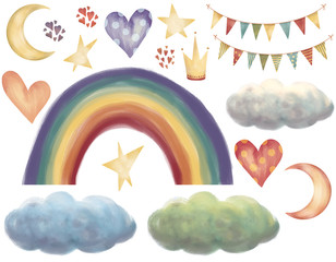 Set of cute elements for prince or princess. Hand drawn illustration.