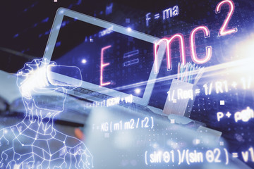 Desktop computer background and formula hologram writing. Double exposure. Education concept.