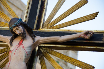 Erice, Sicily, Italy, 2014 -Statue of Jesus crucified during an Easter procession in Sicily in...