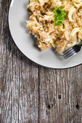 Pasta with sauerkraut and bacon.