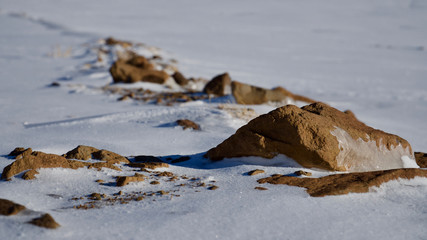 rocks on snow covered surface