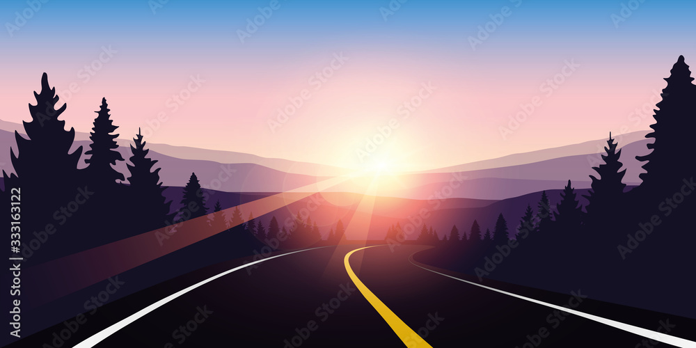 Wall mural asphalt highway in a forest at sunrise purple travel landscape vector illustration EPS10