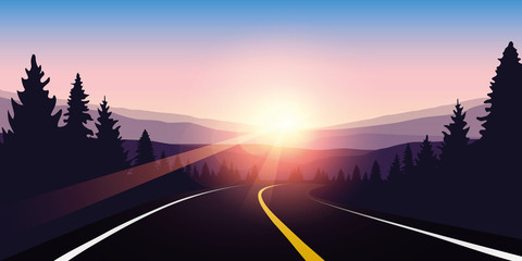 asphalt highway in a forest at sunrise purple travel landscape vector illustration EPS10
