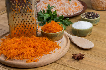 Grated raw carrots, grater, sauerkraut, parsley and spices.