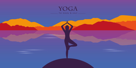girl makes yoga at beautiful lake and mountain autumn landscape vector illustration EPS10