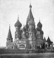 St basils cathedral at Red Square in Moscow / Old Antique illustration from Brockhaus Konversations-Lexikon 1908