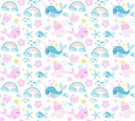 Little whale unicorn, seamless pattern, modern cartoon style. Vector illustration. © Lucia Fox