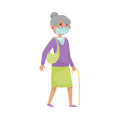 Senior Woman in Protective Mask Walking Along the Street Vector Illustration