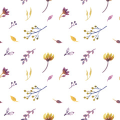 Seamless Floral Pattern, Pattern With Flowers,Herbs, Berries. Watercolor Pattern. Hand drawn illustrations