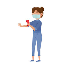 Young Woman Nurse in Protective Mask Standing with Temperature Gun Vector Illustration