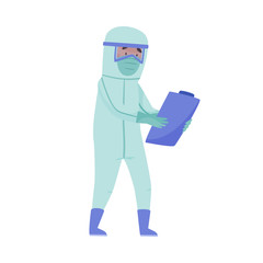 Man in Protective Suit and Mask Carrying Clip Board with Blood Test Result Vector Illustration