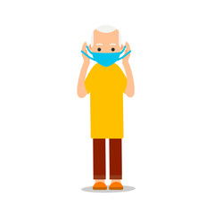 Old man puts on virus mask. Corona virus hygiene. Health care. Healthy lifestyle during an outbreak virus infection. Respiratory protection. Flat illustration isolated white background