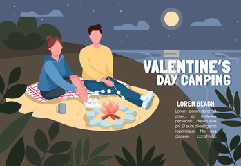 Valentines Day camping banner flat vector template. Brochure, poster concept design with cartoon characters. Couple roasting marshmallow at beach horizontal flyer, leaflet with place for text