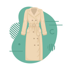 Flat vector women's classic trench coat. Women's clothing.