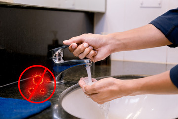 Washing hands rubbing with soap man for covid-19 virus prevention, hygiene to stop spreading covid-19virus.