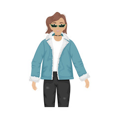 Flat vector illustration of a fashionable girl in a denim jacket with fur and trendy glasses.
