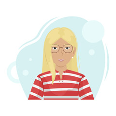 Flat vector portrait of a cute blonde girl in trendy glasses.