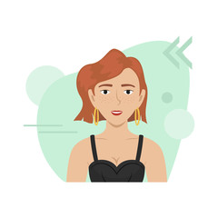 Flat vector portrait of a red-haired girl with freckles in a sexy top and red lipstick.