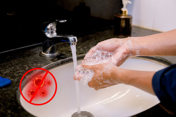 Washing hands rubbing with soap man for covid-19 virus prevention, hygiene to stop spreading covid-19virus.