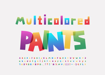Multicolored paints alphabet square shape font rainbow bright gradient colors. Uppercase and lowercase letters, numbers, punctuation marks. Vector illustration.