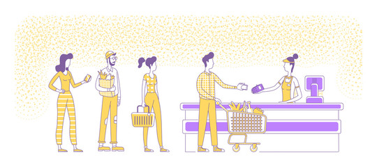 Mobile payments at supermarket checkout flat silhouette vector illustration. People standing in queue, seller and buyers outline characters on white background. NFC, cashless pay simple style drawing