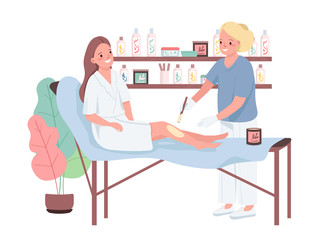 Waxing flat color vector characters. Hair removal on legs. Professional female beautician. Epilation treatment. Depilation on shin. Beauty salon procedure isolated cartoon illustration