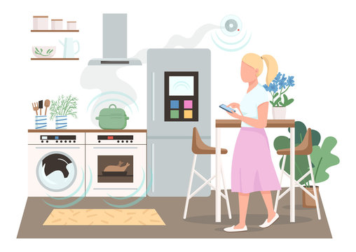 Modern housewife flat color vector faceless character. Automated household appliances remote control. Woman in smart kitchen isolated cartoon illustration for web graphic design and animation