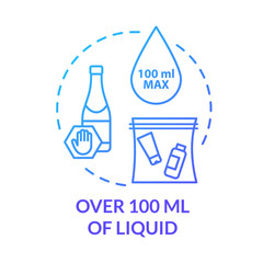 Over 100 ml of liquid concept icon. Airplane passenger hand luggage limit idea thin line illustration. Airport baggage control. Vector isolated outline RGB color drawing
